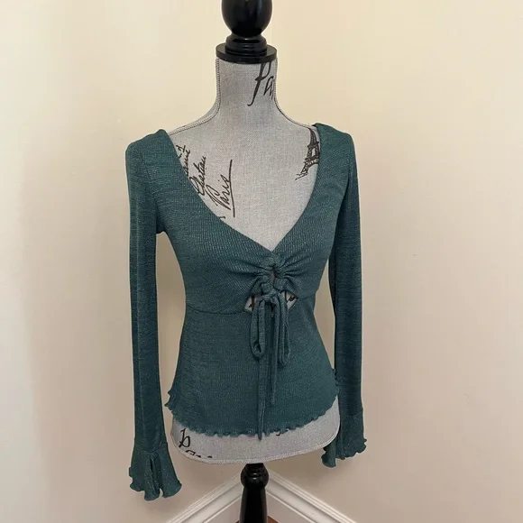 Free People Intimately Free Say When Green and Metallic Long Sleeve Top, S - Picture 3 of 13